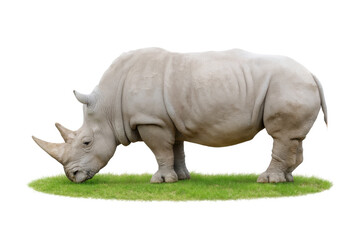 Fototapeta premium AI-generated image of a powerful white rhinoceros standing on fresh green grass against a clean white background.