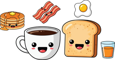 Cute cartoon breakfast food items, including pancakes, bacon, eggs, toast, coffee, and juice.
