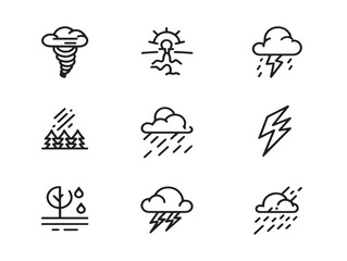 Natural Disaster Outline Icons Set with Tornado and Earthquake Minimal Line Design