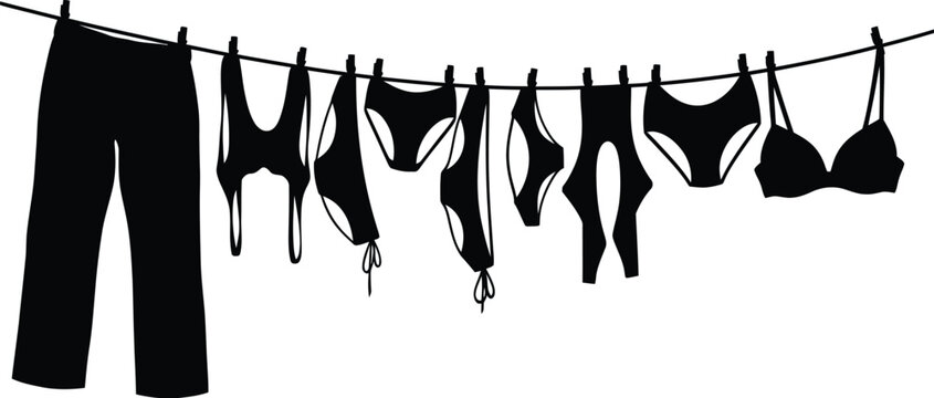 Silhouette of various clothing items including pants and lingerie hanging to dry on a clothesline against a white background