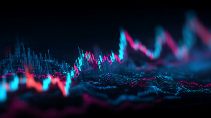 stock market abstract visualization with financial chart blue and pink glowing highlights on dark background economy fluctuation investment data trading and business finance