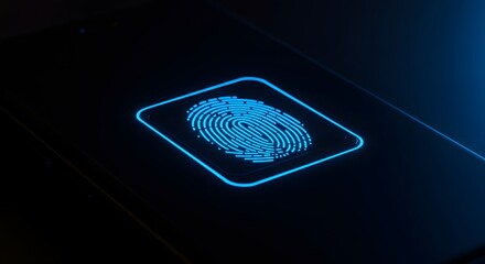Close-up view of a smartphone screen displaying a glowing fingerprint scanner in a dark setting