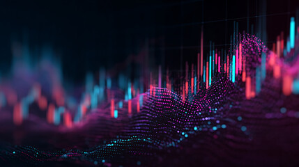 stock market abstract visualization with financial chart blue and pink glowing highlights on dark background economy fluctuation investment data trading and business finance