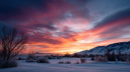 A breathtaking winter sunrise paints the sky with vibrant hues of pink and orange over a snow-covered landscape.