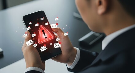 Cybersecurity threat alert on smartphone user interface danger notification digital security warning