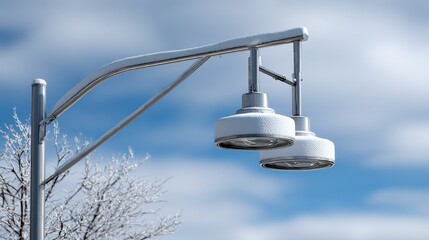 A pair of snow-covered streetlights stands tall against a vivid blue sky dotted with fluffy clouds.