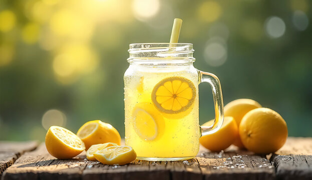 Glass jar filled with cold lemonade and floating lemon slices, condensation on glass, placed on outdoor wooden table