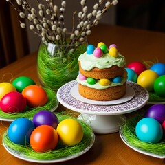  Delicious easter cake decorated with colorful eggs and pussy willow branches