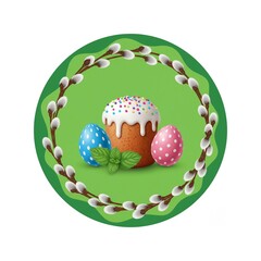  Easter cake, colorful eggs and pussy willow branches forming a round frame on green background