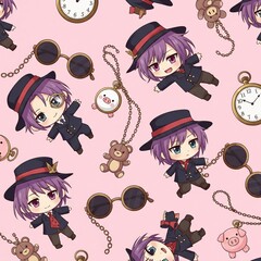 Kawaii anime schoolgirl pattern with pocket watches and round glasses