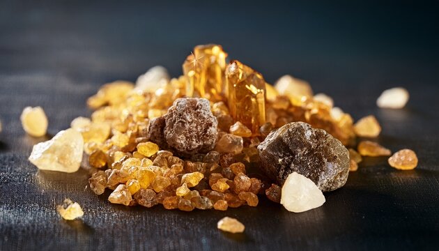 arrangement of frankincense myrrh and gold crystals