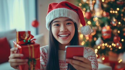 Young woman in santa hat holding cell phone. Realistic video of girl and a teenage girl celebrating christmas. Christmas tree wrapped in joy and gifts for holiday. A young woman wearing a lifestyle.