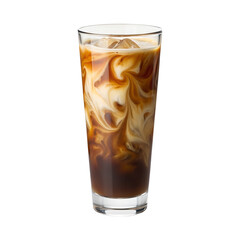 A tall glass of iced coffee with cream swirling inside, isolated on a transparent background
