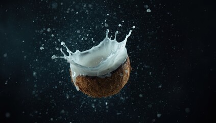 Cracked coconut splashing milk frozen midair with warm golden side lighting
