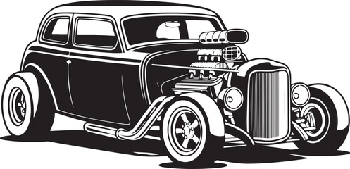 Sleek Silhouette of a Classic Hot Rod Car Illustration with Powerful Engine and Custom Wheels