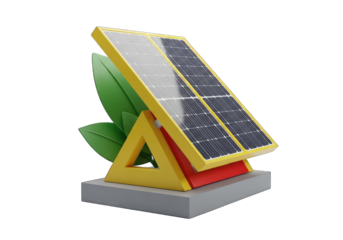 Solar Panel Array with Yellow on Triangle Stand and Leaves Against Transparent Background