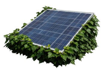 Solar Panel Cell with Green Ivy Vine Growth on Transparent Background Energy Concept