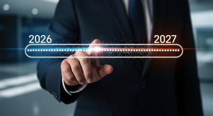 Future progress futuristic digital display showing 2026 to 2027 advancing technology