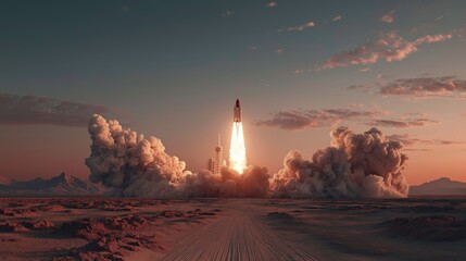 Rocket Launching Into Sky Over Desert Landscape During Sunset