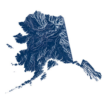 Detailed Topographic Map of Alaska in Navy Blue and White.