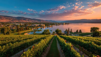 Sunrise over Vineyards and Lake.