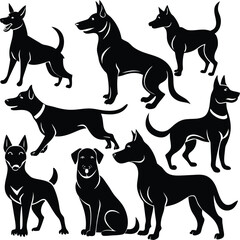 Collection of diverse black dog silhouettes in various poses and actions
