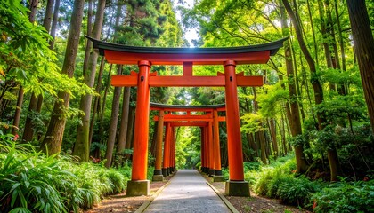 Red Torii Gates in Lush Forest