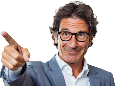 Close up of businessman hand pointing for direction, against white background. Generative AI.