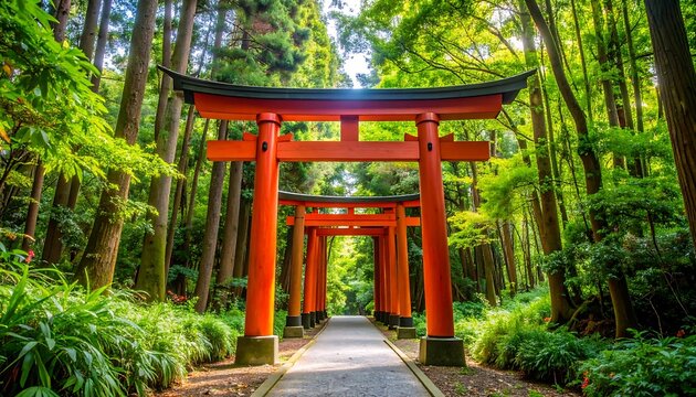 Red Torii Gates in Lush Forest - Powered by Adobe