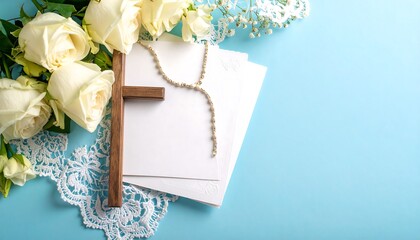A wooden cross, white roses, and lace rest gently on a pale teal background, creating a serene and thoughtful composition.