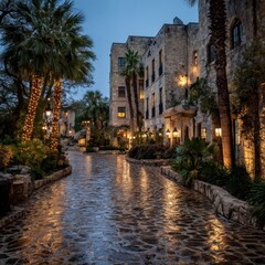 Fototapeta premium Wet cobblestone path winds through a Mediterranean-style building complex at twilight, illuminated by warm ambient lighting; lush landscaping and palm trees line the way