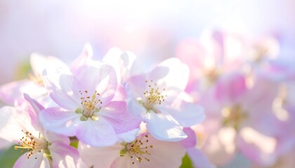 Fototapeta premium Delicate pink and white blossoms in soft focus, bathed in a warm, spring sunlight, showcasing the beauty of nature's gentle awakening.