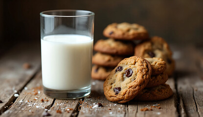 Glass of milk placed beside a stack of chocolate chip cookies on rustic wooden table