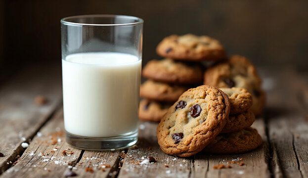 Glass of milk placed beside a stack of chocolate chip cookies on rustic wooden table