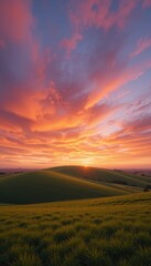 Dramatic sunset over rolling green hills with vibrant orange and pink clouds