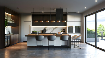 Modern Kitchen Interior Design: Contemporary Space with Open View, Wood Accents, and Minimalist Decor