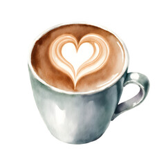Watercolor ceramic cup with latte art heart, coffee illustration, isolated
