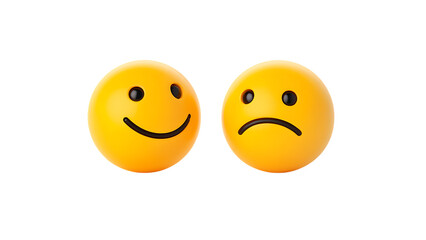Two yellow smiley face emoticons one happy and one sad expressing opposite emotions side by side