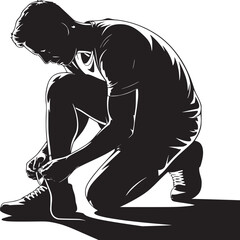Silhouette of a man kneeling and tying his shoelaces in a black and white illustration style image