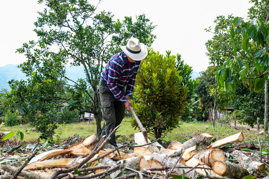 Elderly man chopping firewood in rural area - Powered by Adobe