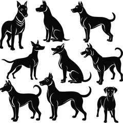 Collection of diverse black dog silhouettes in various poses and actions
