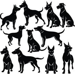 Collection of diverse black dog silhouettes in various poses and actions