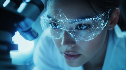 Woman in lab coat looking at microscope. Animation of scientist using microscope. Data analysis of the data from a technology collaboration. A woman in a lab coat is examining a lifestyle microscope.