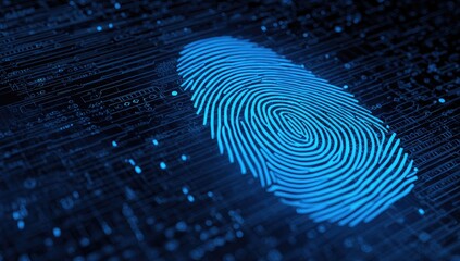 A luminous blue fingerprint graphic superimposed on a complex circuit board design, showcasing a futuristic, digital security concept.