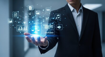 Businessman interacting with futuristic digital interface and glowing data streams