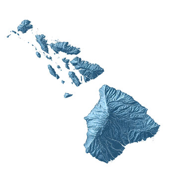 Detailed Topographic Map of the Hawaiian Islands in Blue and White.