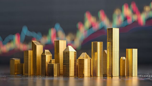 Gold cityscape on a reflective surface, abstract financial backdrop