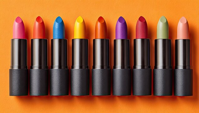 Ten vibrant lipstick tubes in diverse colors, arranged neatly on an orange background; black casings, pointed tips