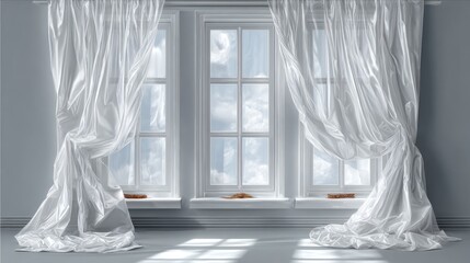 Light-filled room with sheer white curtains