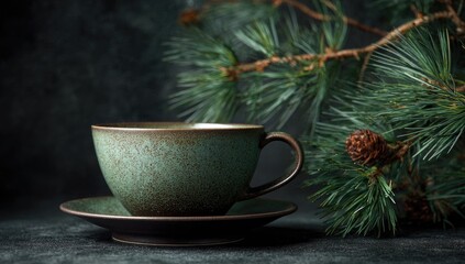 Fototapeta premium Teal teacup with pine branch on dark background